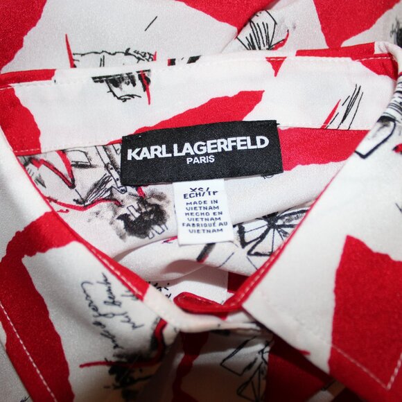 Karl Lagerfeld Paris Womens Size XS Red White Fashionista Printed L/S Button Top - Picture 8 of 9